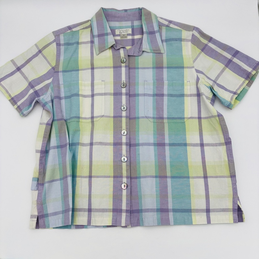 VINTAGE LINEN BUTTON UP Women's Short‎ Sleeve Top Shirt Colorful Christopher